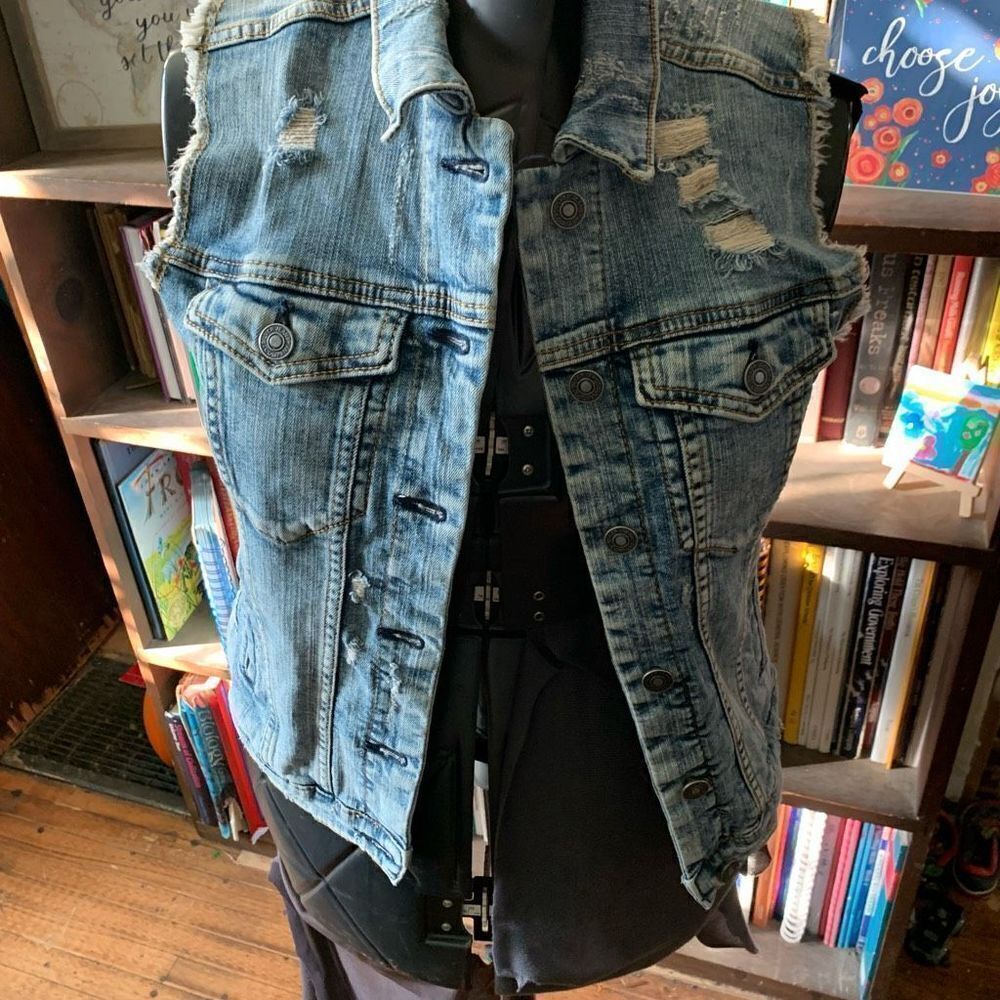 Silver distressed Bikercore normcore moto M denim vest